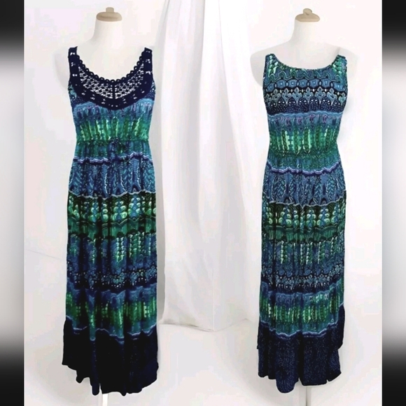 Bila Boho Geometric Print Maxi Dress Sleeveless Crochet Neckline Festival Style - Picture 1 of 4